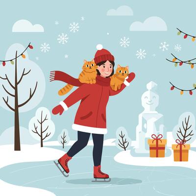 Woman Ice Skating with Cats in Winter Wonderland Illustration