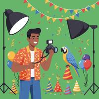 Man Photographing Parrot with Studio Lights and Party Decorations vector