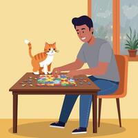 Man Solving Jigsaw Puzzle at Table with Cat Companion Indoors vector