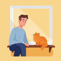 Man and Ginger Cat Sitting by Window Enjoying Each Other vector