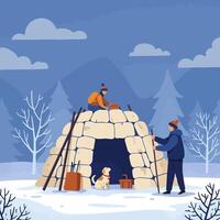 Building Igloo Together in Winter Scene with Dog and Tools vector