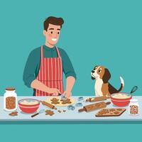 Man Baking Cookies with Dog Watching in Kitchen Illustration Style vector