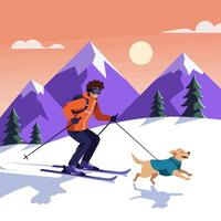 Skiing with Dog Enjoying Winter Outdoor Activity in Snowy Mountains vector