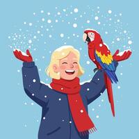 Girl Playing in Snow with Parrot Perched on Arm Smiling vector