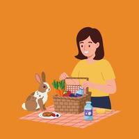 Preparing a Picnic with a Basket Vegetables and a Cute Rabbit vector