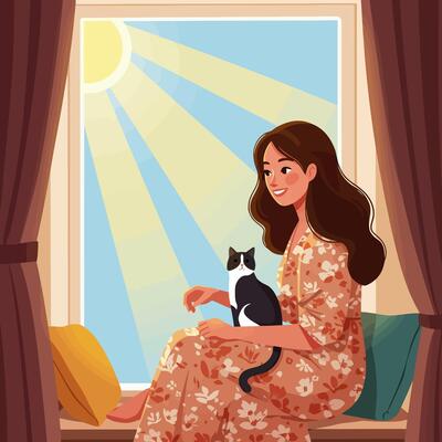 Woman Sitting with Cat by Window Enjoying Sunlight