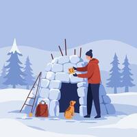 Building Igloo in Winter Landscape with Dog and Snowy Scene vector