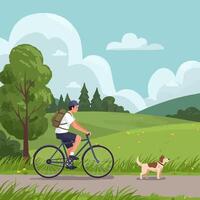 Man Riding Bicycle with Dog on Path Through Green Landscape vector