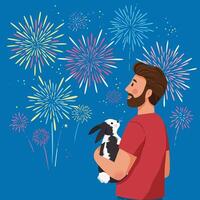 Man Holding Rabbit Watching Fireworks Display Celebration for Festive Occasion vector