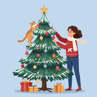 Decorating Christmas Tree with Cat and Gifts Festive Holiday Scene