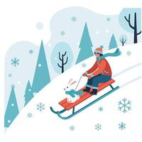 Person Sledding Down Hill with Rabbit on Winter Day vector