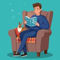 Man Reading Winter Story with Rabbit in Cozy Armchair vector