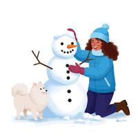 Building a Snowman with Smiling Girl and Dog in Winter vector