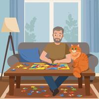 Man Solving Puzzle with Cat Sitting Indoors Cozy Home Setting vector