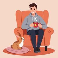 Relaxing with a Hot Drink and Bunny in a Comfortable Chair vector