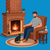 Man Relaxing by Fireplace with Cat and Hot Drink at Home vector