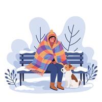 Woman with Dog Enjoying Winter Scene on Bench with Blanket vector