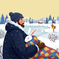 Man Holding Rabbit in Winter Landscape with Snow and Cozy Feeling vector