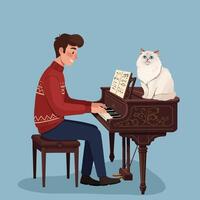 Man Playing Piano with Cat Sitting on Top for Music vector