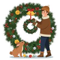 Man Decorating Christmas Wreath with Rabbit Watching Holiday Preparation vector