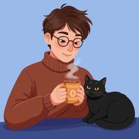 Man Enjoying Hot Drink with Black Cat Illustration Style Art vector