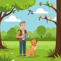 Man Watching Birds with Dog in Green Field Illustration vector