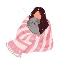 Woman Wrapping with Blanket Holding Small Dog While Snowing Weather vector
