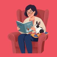Woman Reading a Book with a Rabbit on Her Lap Indoors vector