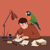 Man Writing at Desk with Parrot Perched on Shoulder Illustration vector