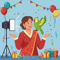 Woman with Parrot Filming with Studio Lighting for Celebration vector