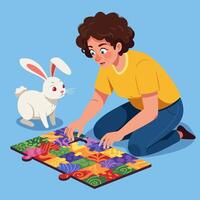 Woman Doing Jigsaw Puzzle with Rabbit Companion Illustration vector