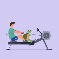 Man and Turtle Rowing Together on Rowing Machine Illustration vector