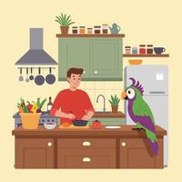 Man Cooking in Kitchen with Parrot Observing a Vibrant, Cozy Scene vector