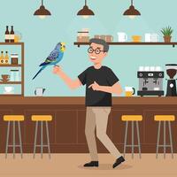 Man and Budgie in Cafe a Happy Moment of Connection vector