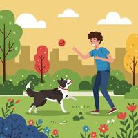 Man Throwing Ball for Happy Dog in the Park Scene vector