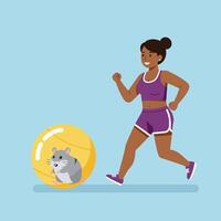 Woman Running While Hamster Uses Exercise Ball for Workout Cartoon vector