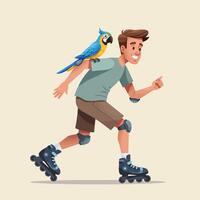 Man Rollerblading with a Parrot Illustration Engaging in Outdoor Activity vector
