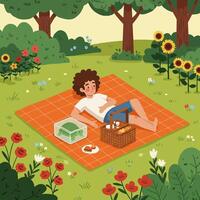 Person Relaxing on Picnic Blanket in Park with Turtle and Flowers vector