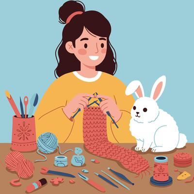 Woman Knitting a Scarf at a Table with a White Rabbit