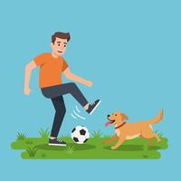 Man Playing Soccer with Dog on Grass Illustration Design vector