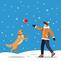 Playing Fetch in Snow Man and Dog Enjoying Winter Fun vector