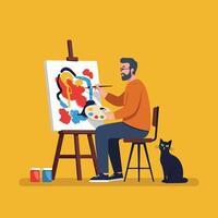 Man Painting Abstract Art on Canvas with Black Cat Watching vector
