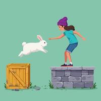 Rabbit Jumping Over Crate Towards Girl Standing on Stone Wall vector