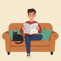 Man Reading Magazine with Black Cat on Couch Relaxation Time vector