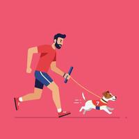 Man Running with Dog Pet Wearing Vest on Pink Background vector