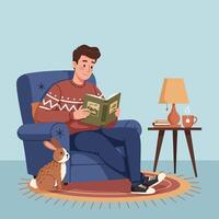 Man Reading Book in Armchair with Rabbit and Warm Drink vector