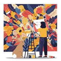 Woman Painting with Rabbit in Colorful Abstract Art Studio Setting vector