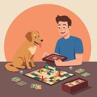Man Playing Board Game with Dog Illustration at Home Together vector