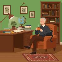 Man Enjoying Hot Drink in Armchair with Cat and Books vector