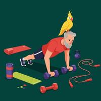 Doing Pushups with Dumbbells and a Parrot on Head vector